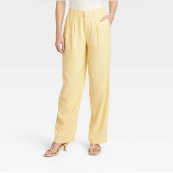 a new day Linen Wide Leg Pants 4 Pleated Front High Rise Waist Yellow - Picture 2 of 6